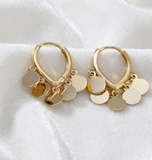Gold Disc Charm Hoop Earrings