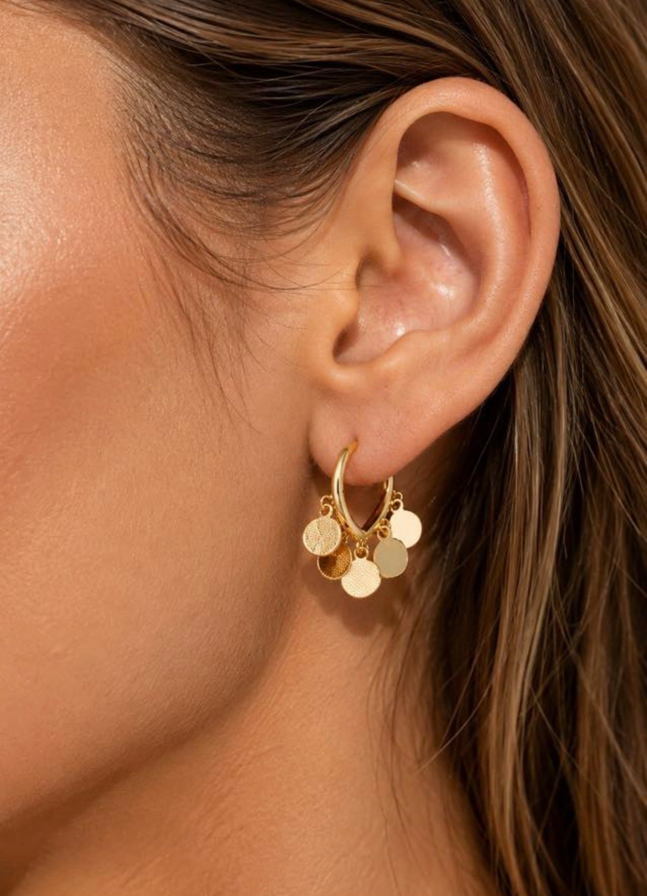 Gold Disc Charm Hoop Earrings