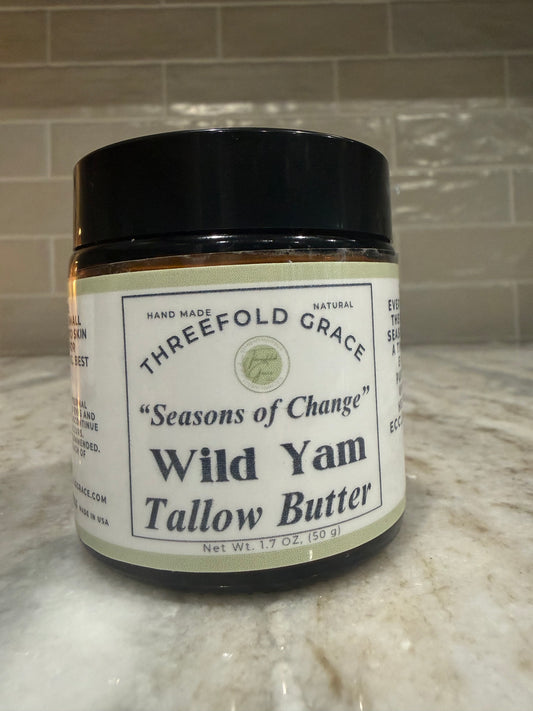 Wild Yam tallow butter in amber jar used to support women in menopause